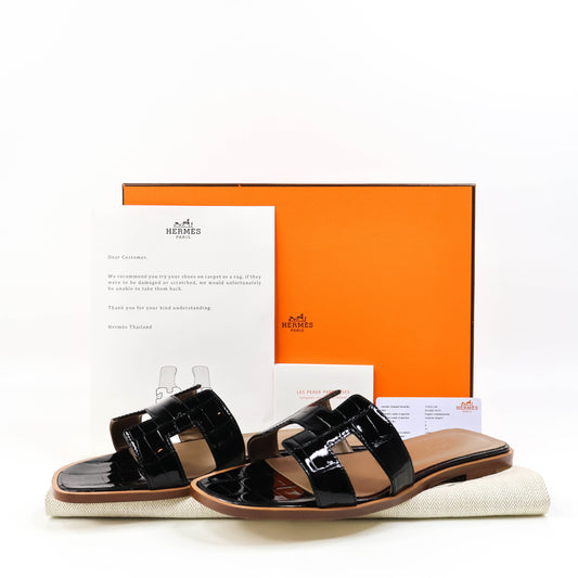 Hermes Oran Alligator Missi Sandal Black 37.5