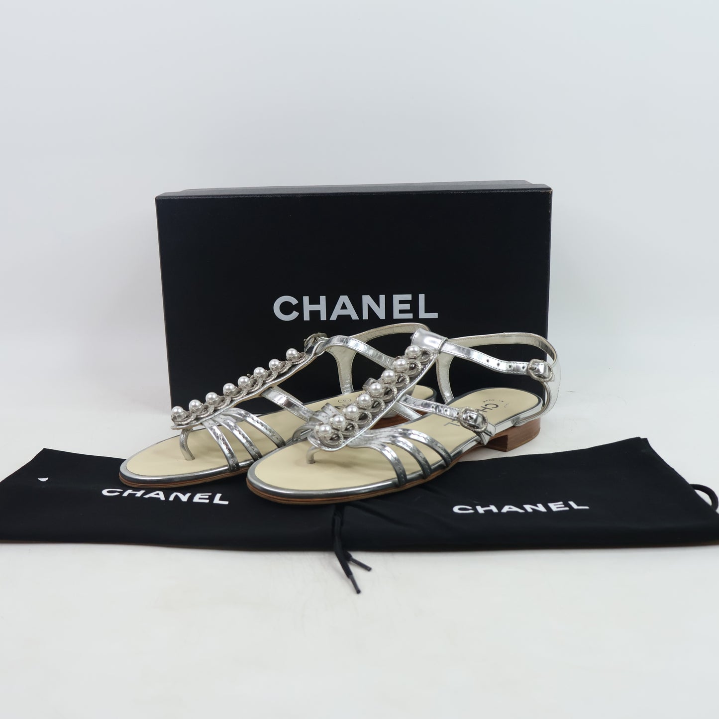 Chanel Patent Leather Sandals Silver 37