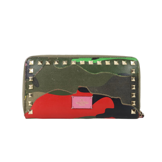 Valentino Rockstud Zippy Long Wallet Camouflage