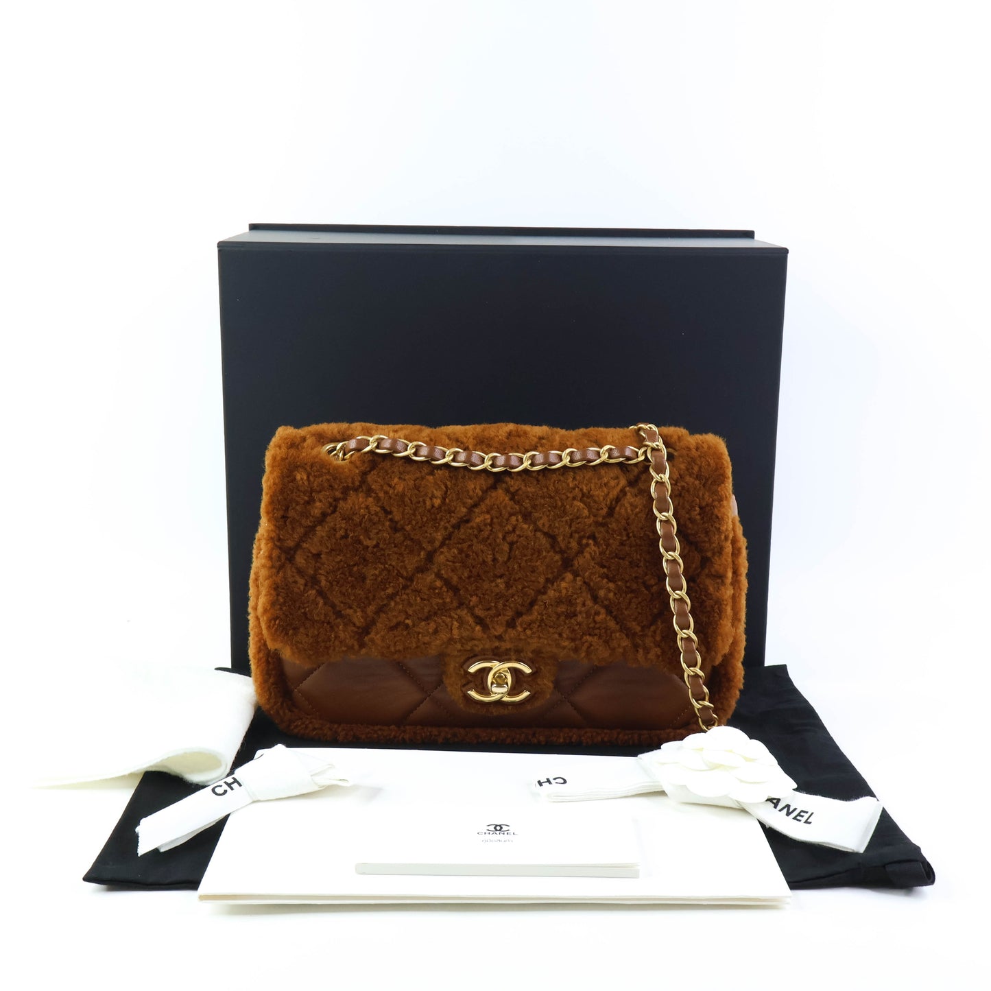 Chanel Flap Bag Fur Brown GHW Lamb