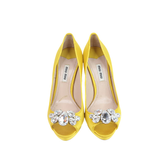 Miu Miu Satin Crystal Embellisher Heel Peep-Toe Yellow 36.5
