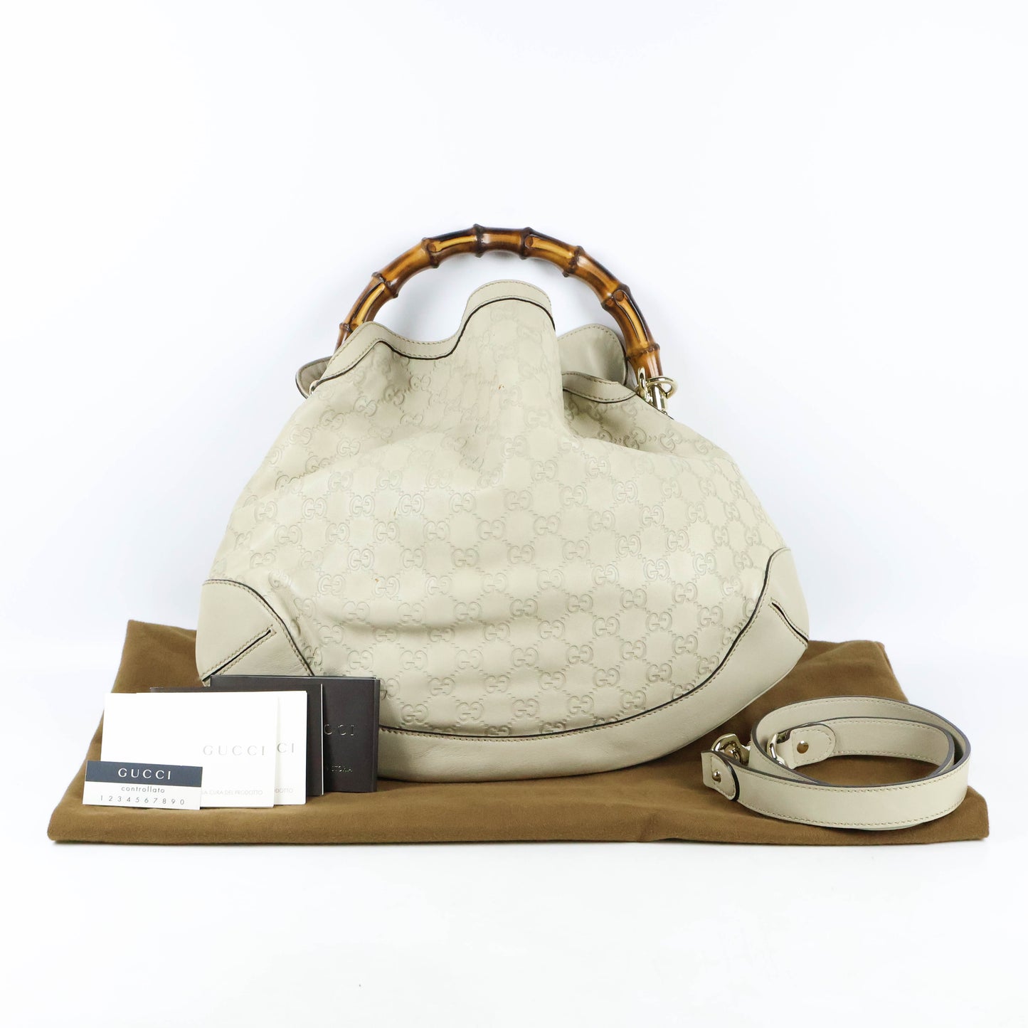 Gucci Leather Bamboo Tote Handbag Beige