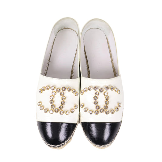 Chanel Espadrilles Patent White Black Crystal