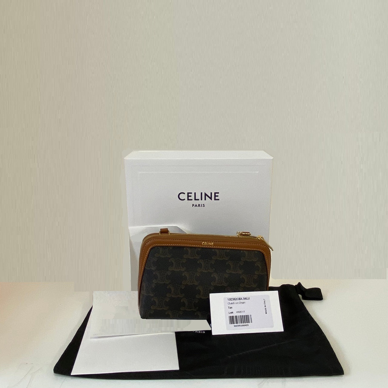 Celine Clutch on Chain Triomphe Black Tan