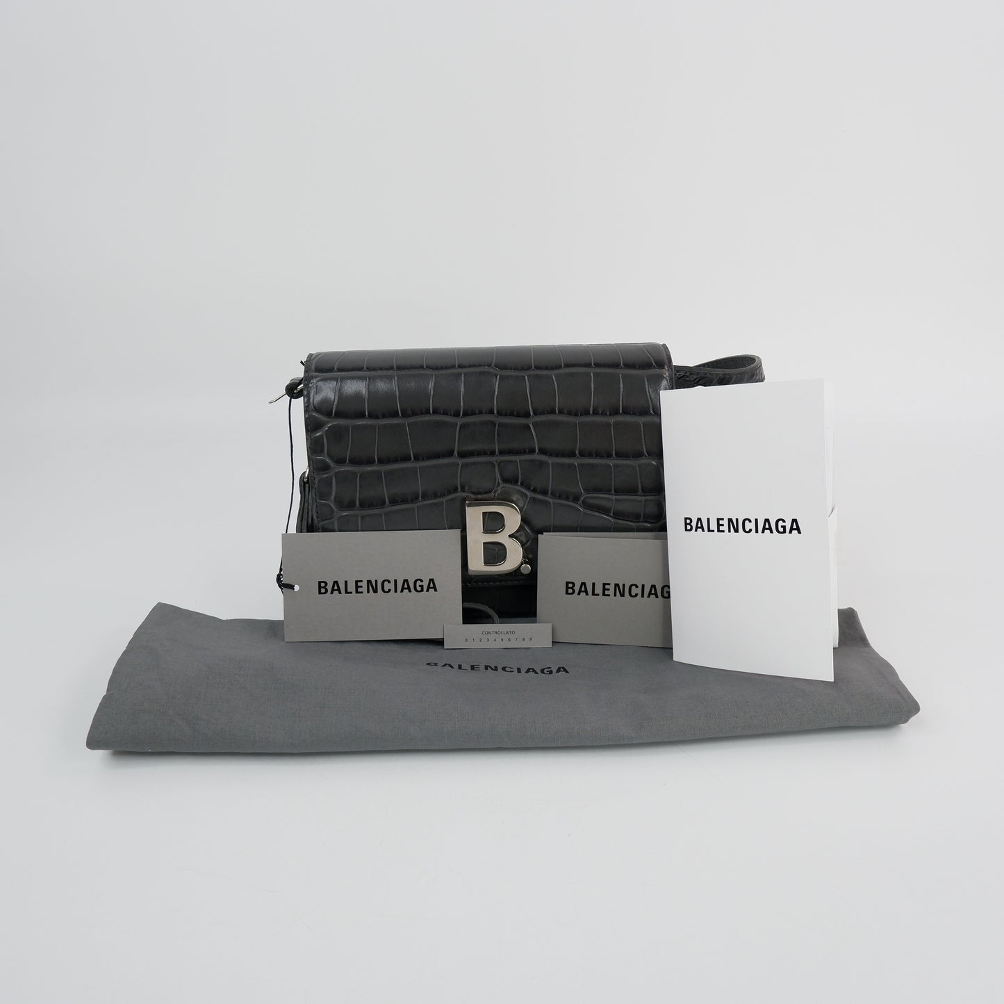 Balenciaga B Flap Bag Croc Print Grey