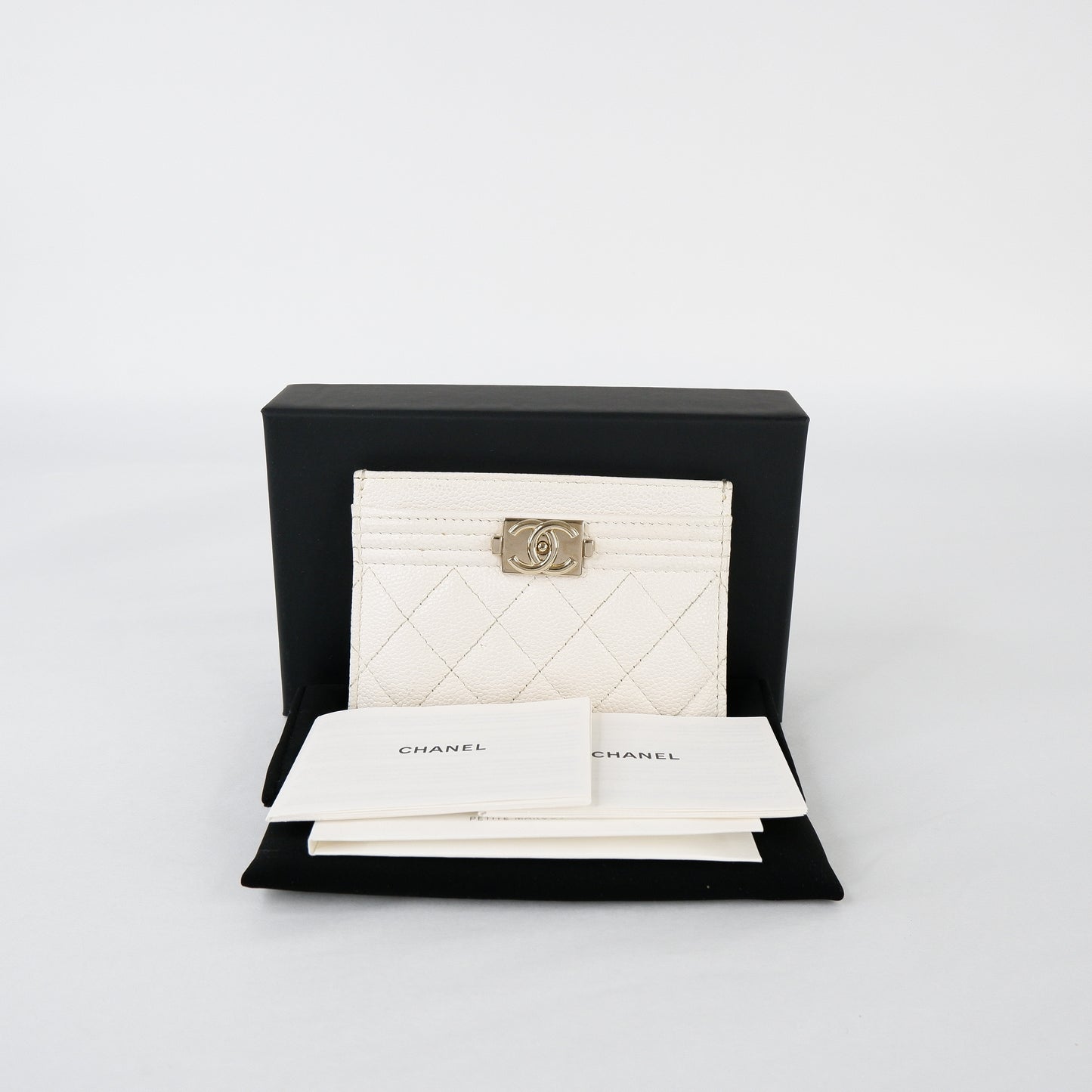 Chanel Boy Card Holder White Caviar GHW