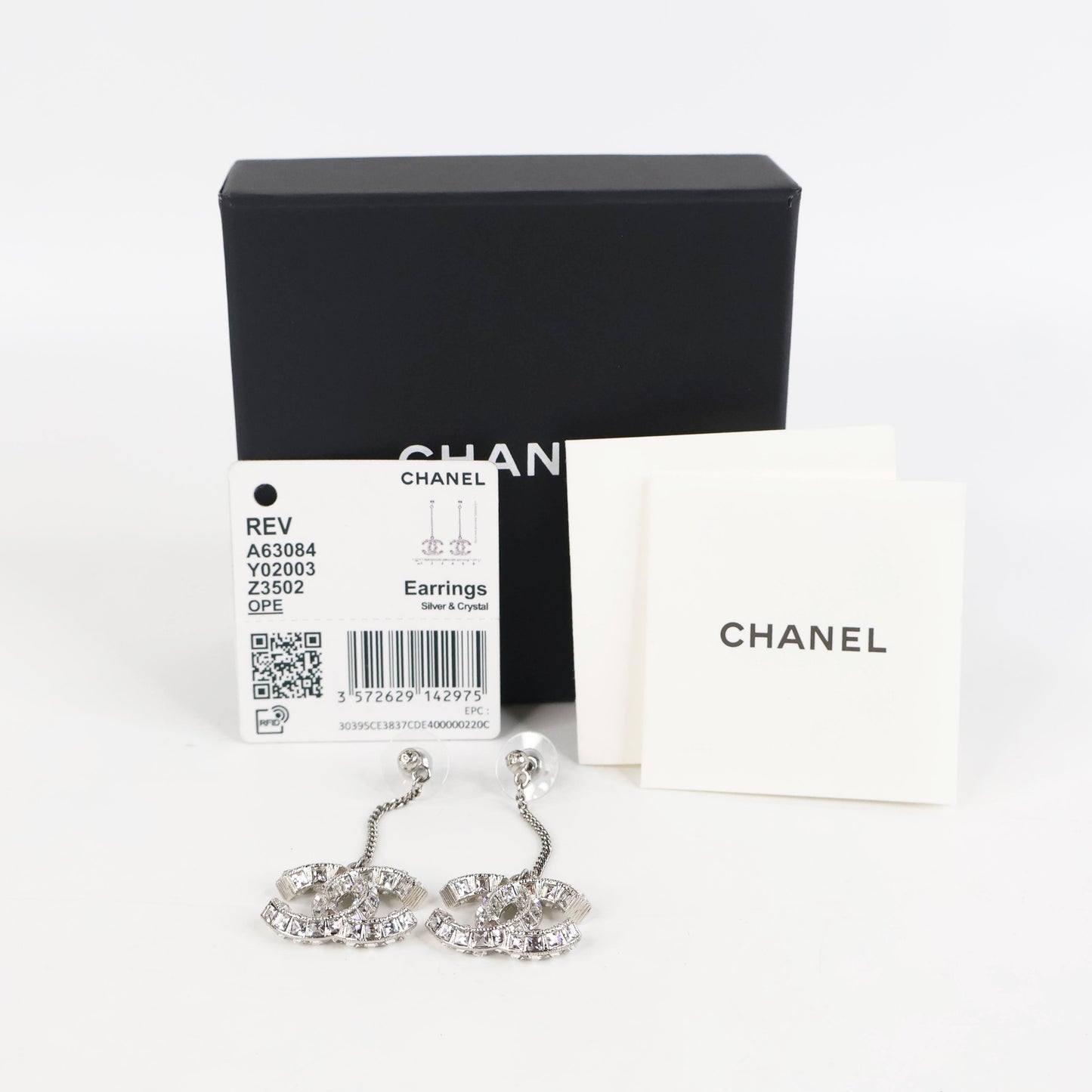 Chanel Earrings Drop CC Crystal Silver