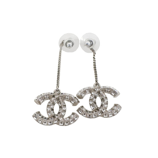 Chanel Earrings Drop CC Crystal Silver