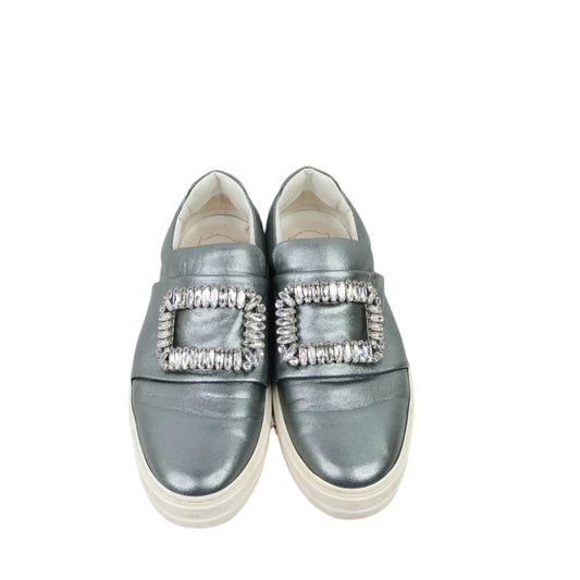 Roger Vivier Slip On Sneakers Metallic Silver Buckle Crystals 40