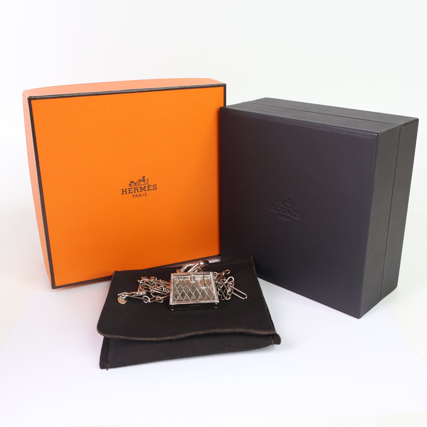 Hermes Necklace Silver Kelly Guilloche Charm