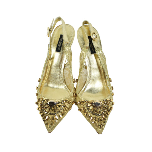 Dolce Gabbana Pumps Sling Back Lace Crystal Gold 39