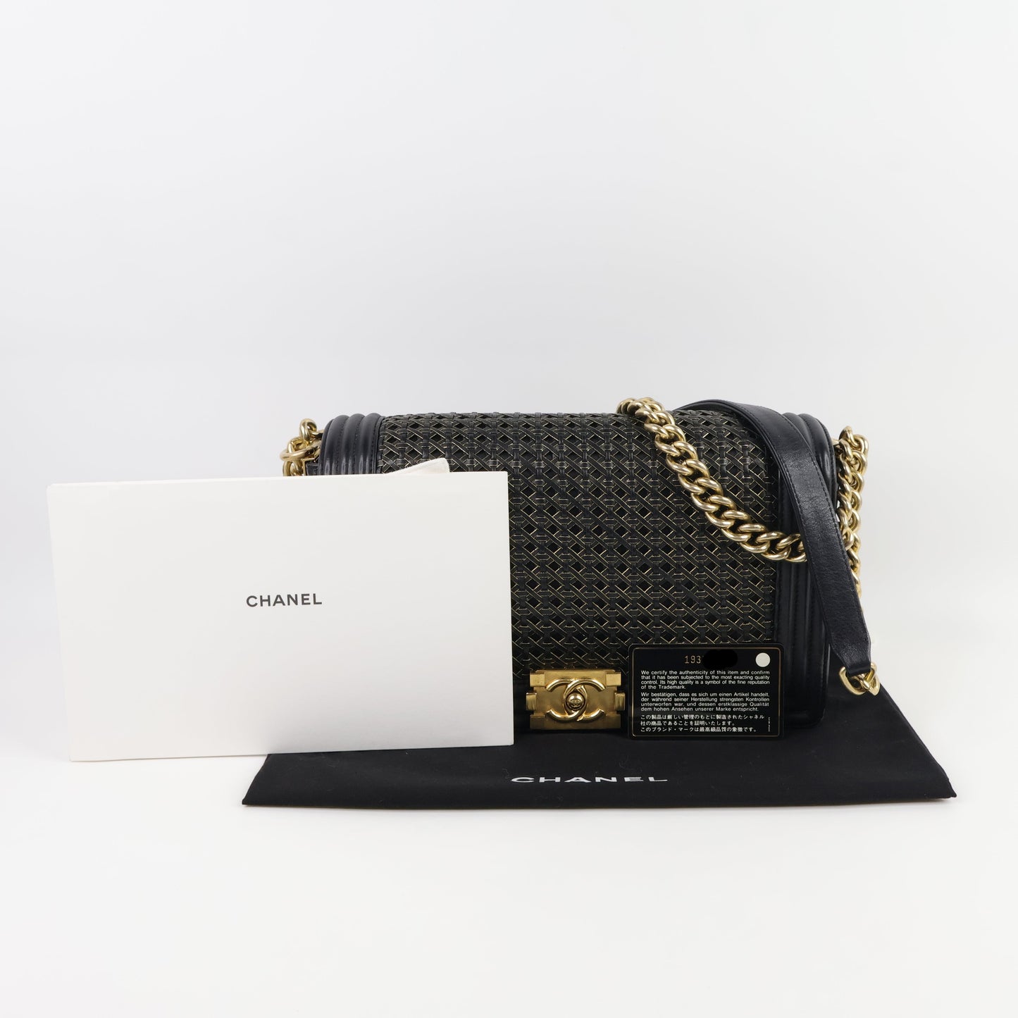 Chanel Boy 11" Woven Leather Black Gold