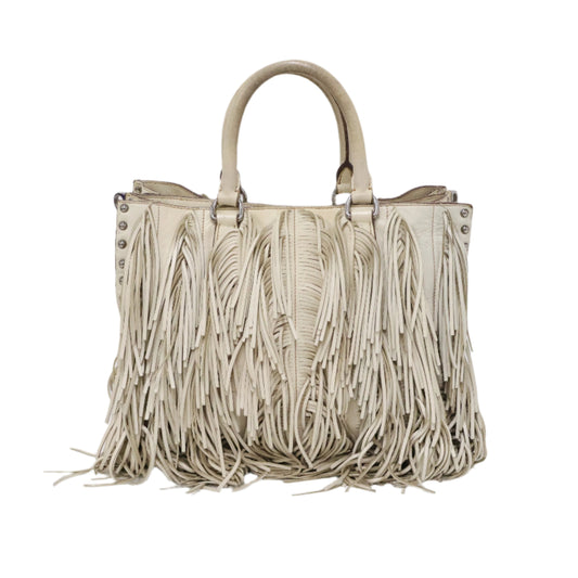 Prada Tote Leather Fringe Cream White