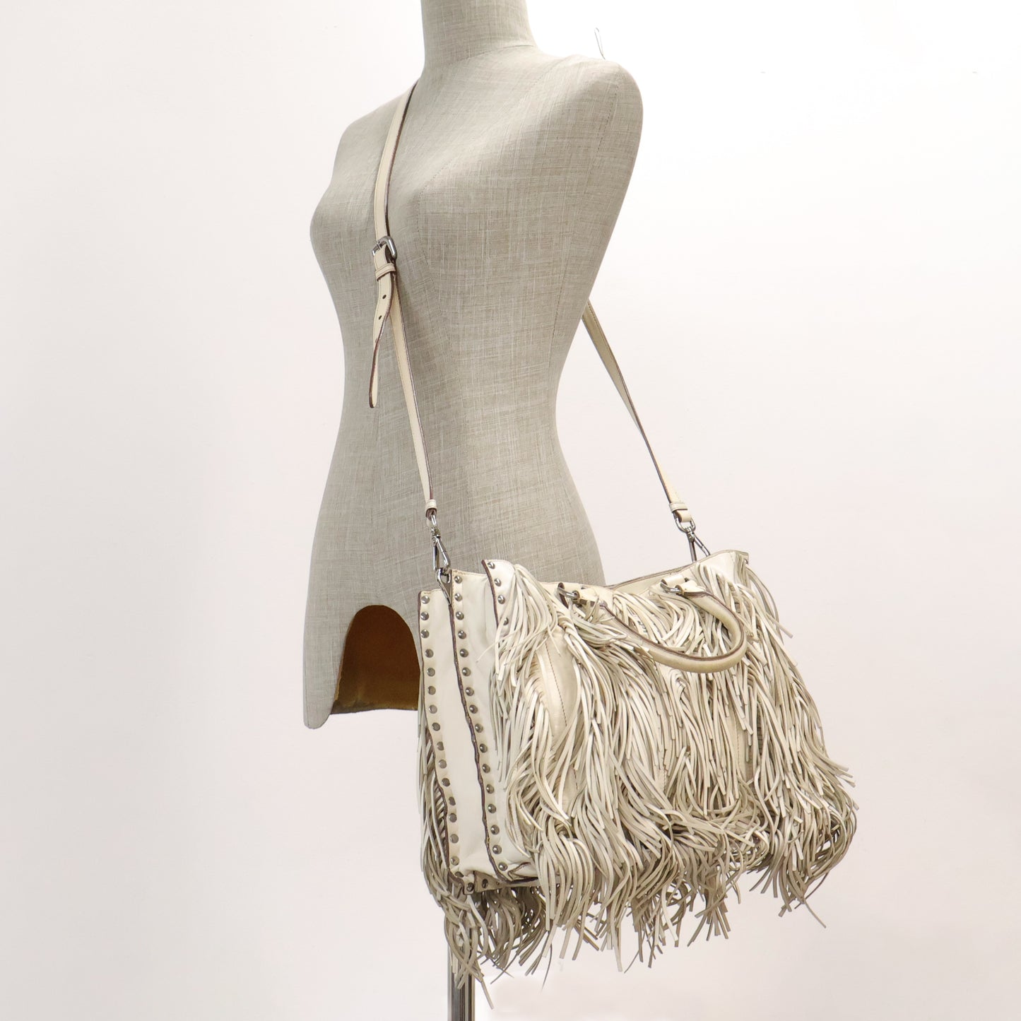 Prada Tote Leather Fringe Cream White