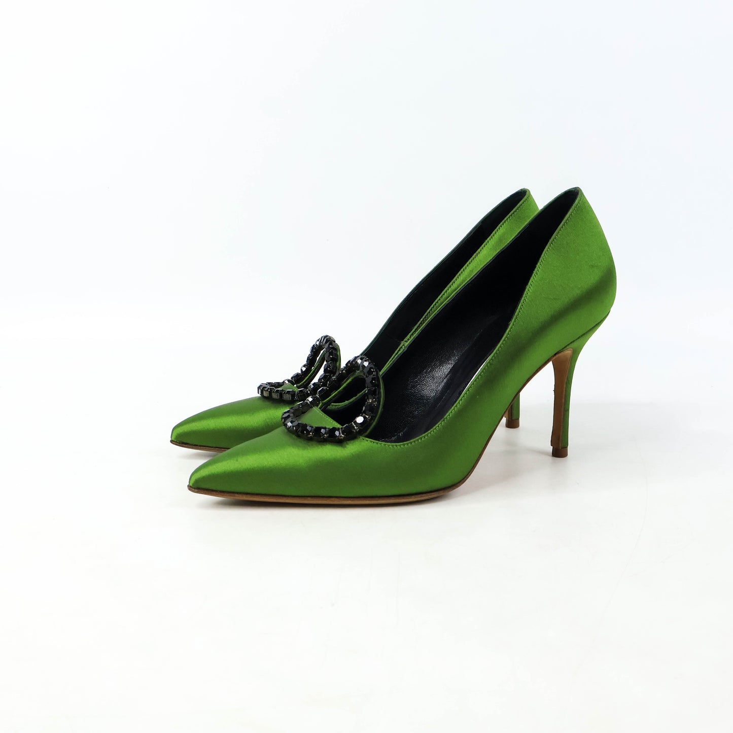 Manolo Blahnik Green Satin Crystal Black Pumps 35