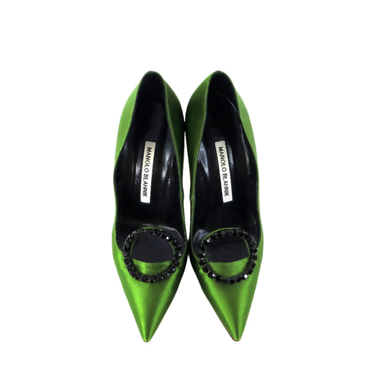 Manolo Blahnik Green Satin Crystal Black Pumps 35
