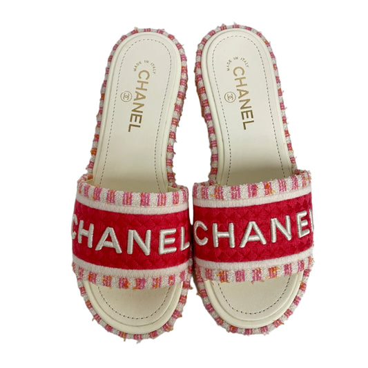 Chanel Sandals Tweed Pink White 38.5