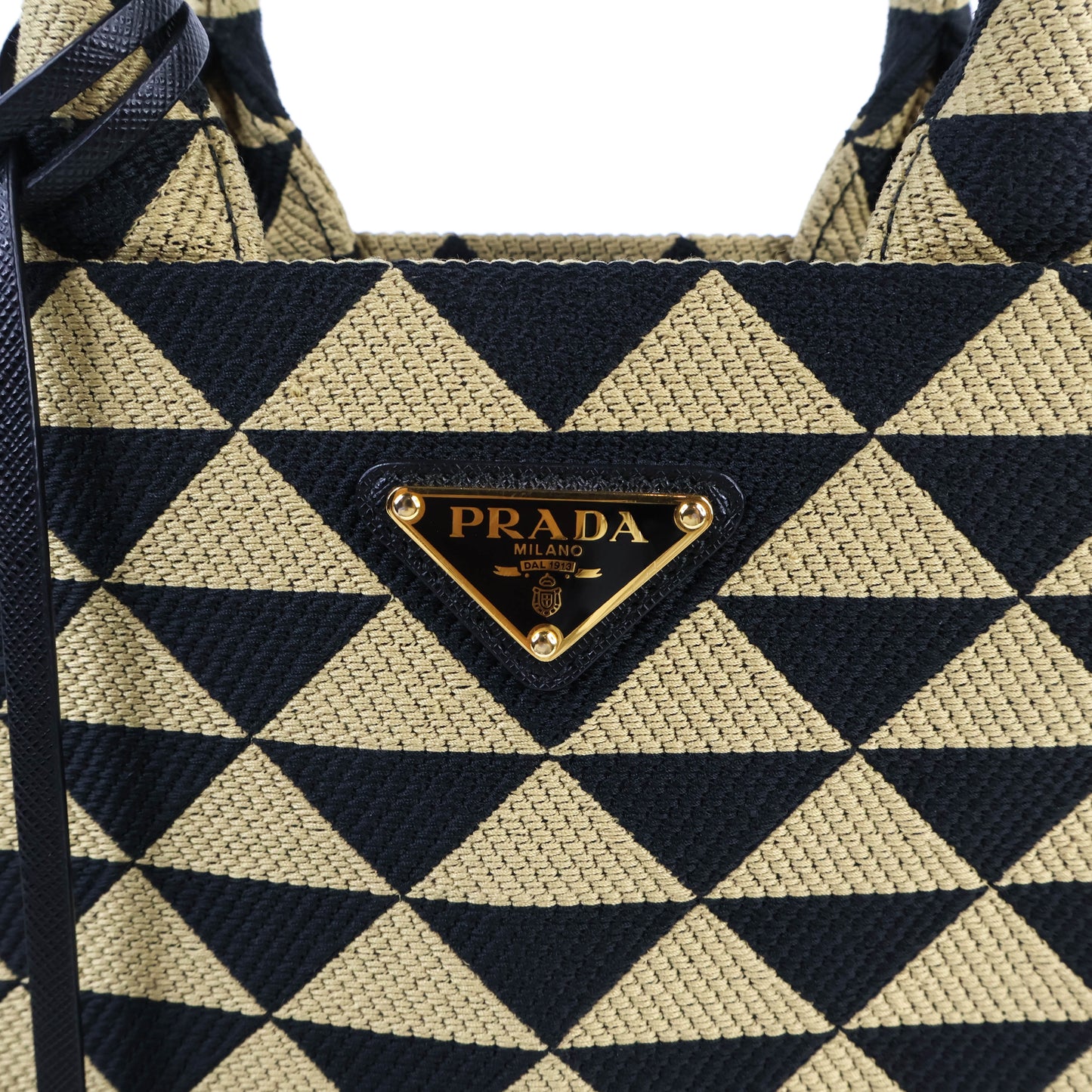Prada Symbole Embroidered Fabric Handbag Small Black Beige