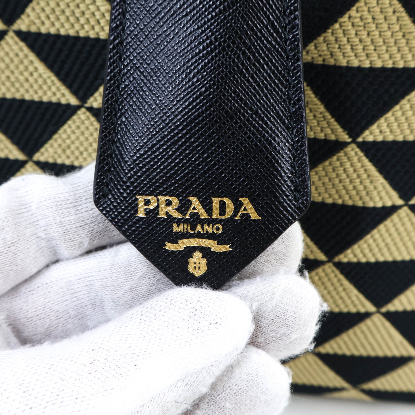 Prada Symbole Embroidered Fabric Handbag Small Black Beige