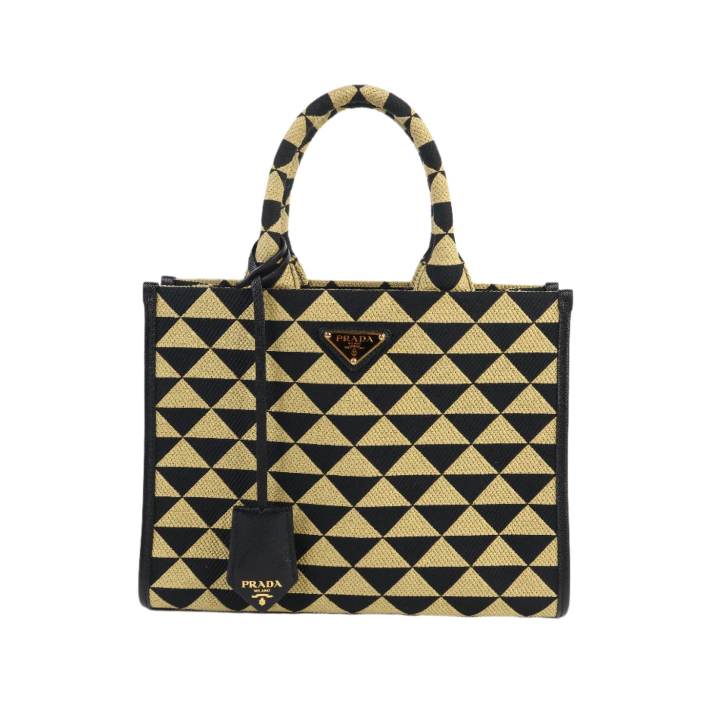 Prada Symbole Embroidered Fabric Handbag Small Black Beige