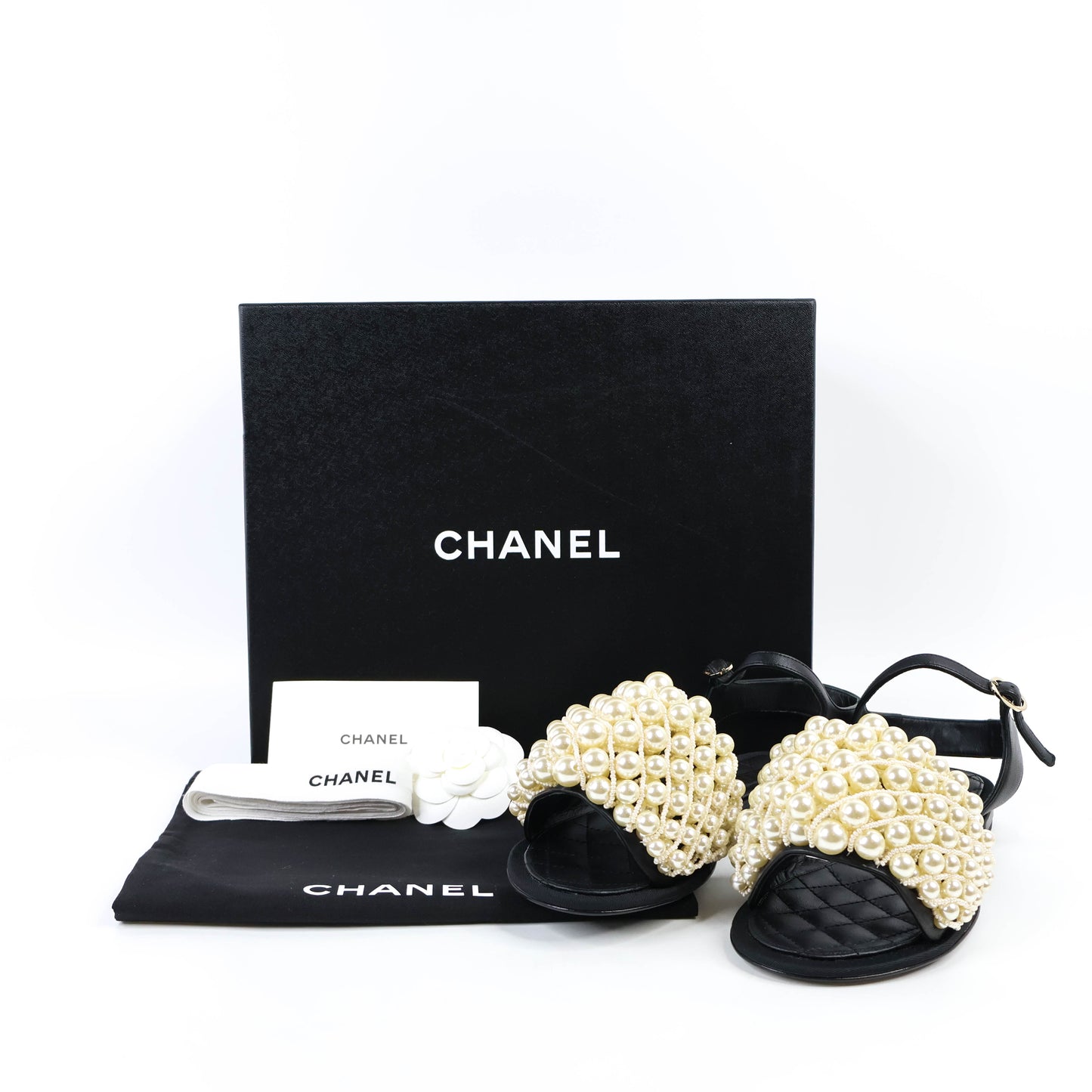 Chanel Sandals Sling Back Black/Pearl Size 37