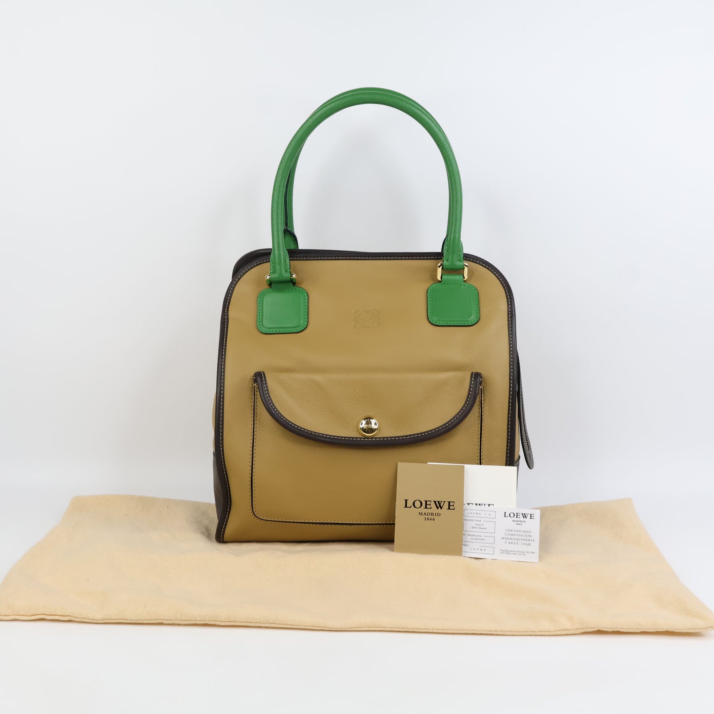 Loewe Anagram Tricolor Pebbled Handbag Leather Tan Green