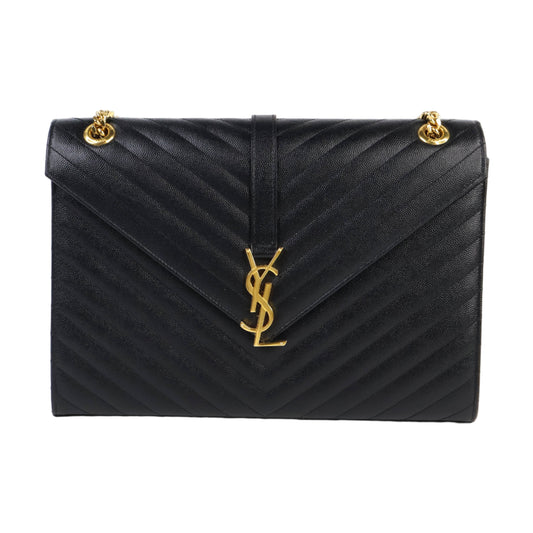 Saint Laurent Flap Large Black Grain GHW