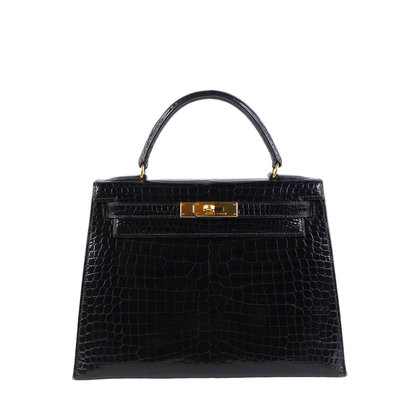 Hermes Kelly 28 Crocodile Porosus Black GHW
