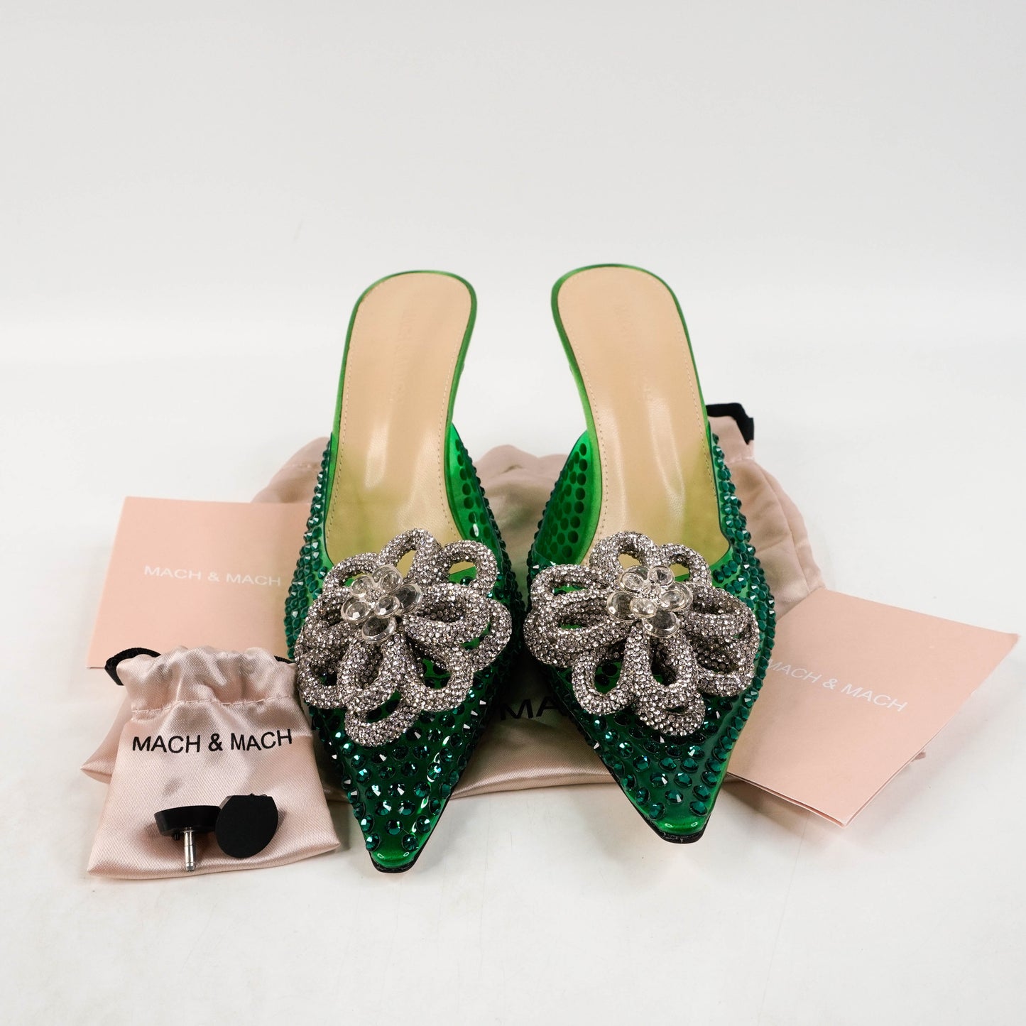 Mach & Mach Point Heels PVC Satin Crystal Flower Green 40