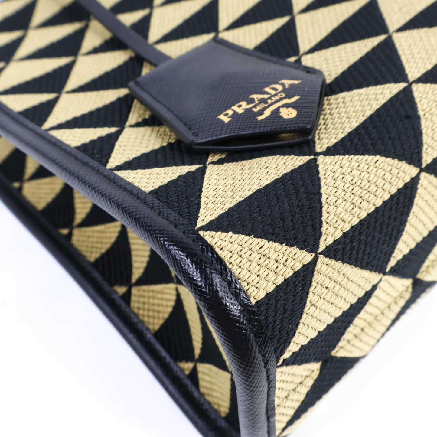 Prada Symbole Embroidered Fabric Handbag Small Black Beige