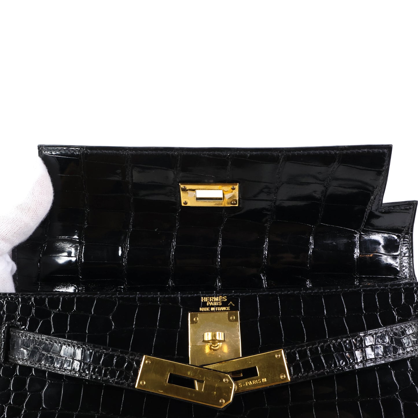 Hermes Kelly 28 Crocodile Porosus Black GHW