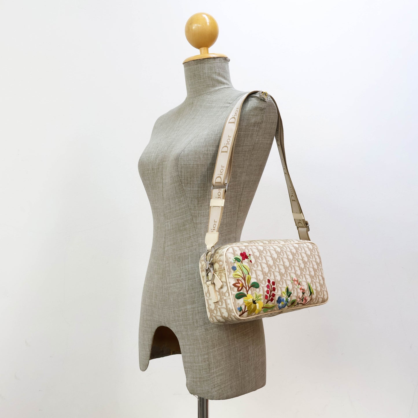 Christian Dior Vintage Crossbody Bag Oblique Beige Flowers