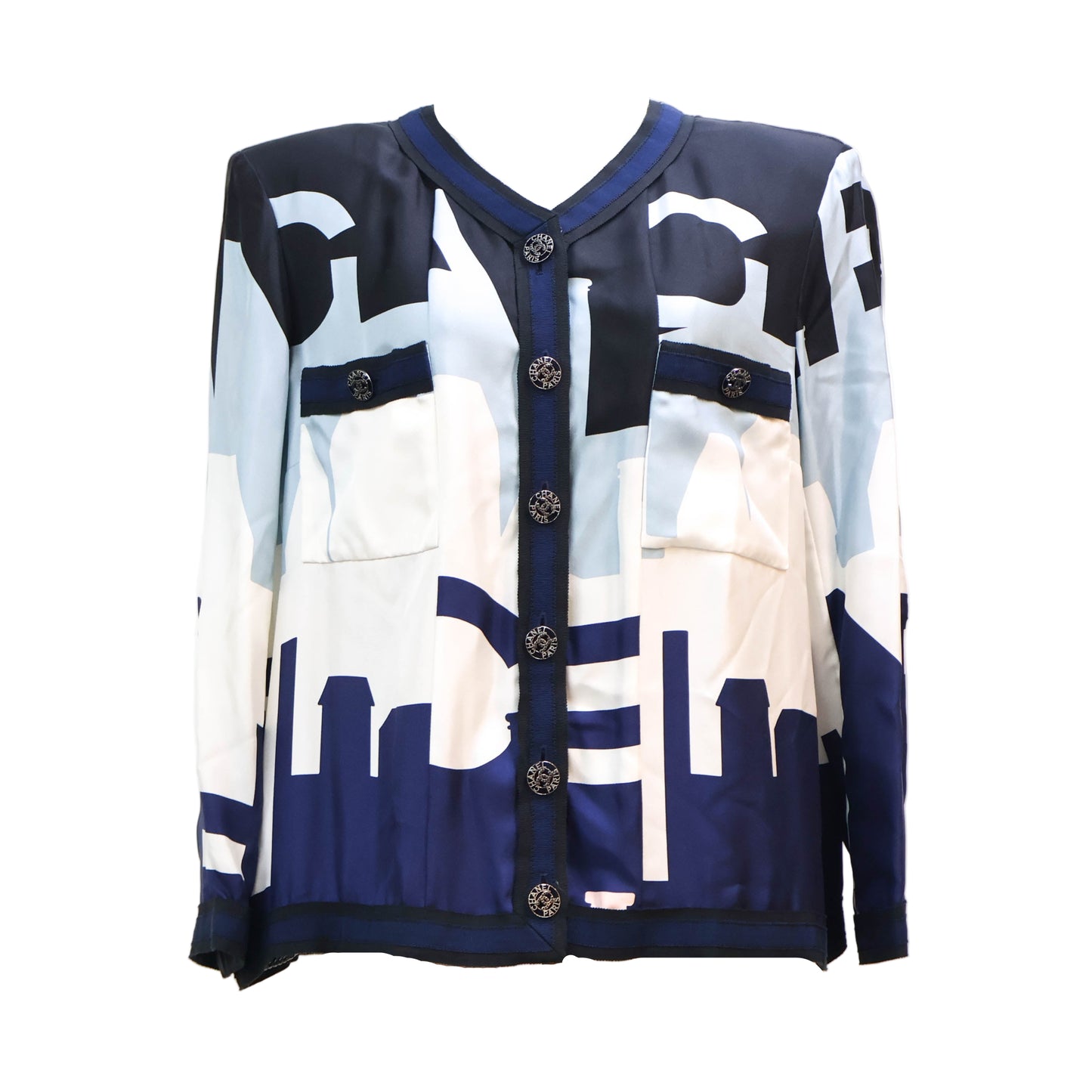 Chanel Cardigan Silk Navy Blue White