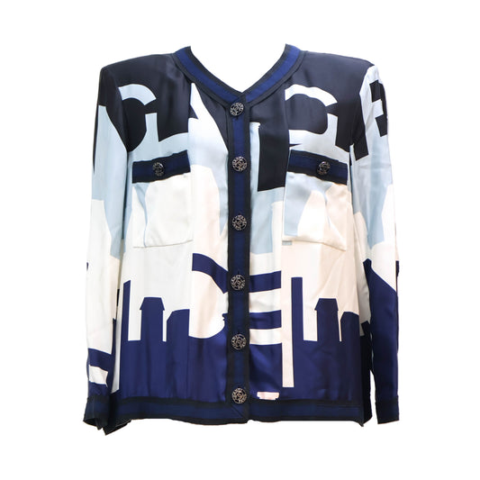 Chanel Cardigan Silk Navy Blue White