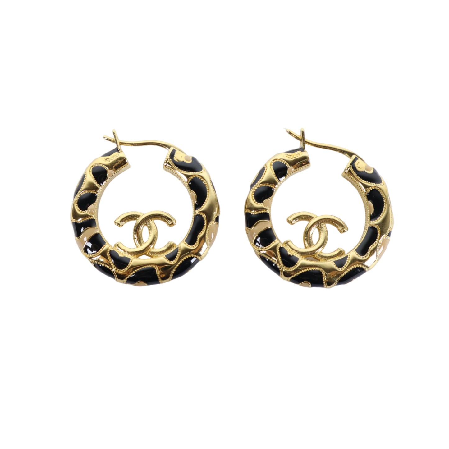 Chanel Earrings Hoop Enamel Black Gold