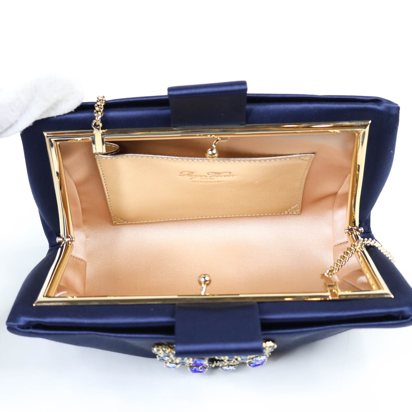 Roger Vivier Clutch Flower Crystal Satin Navy