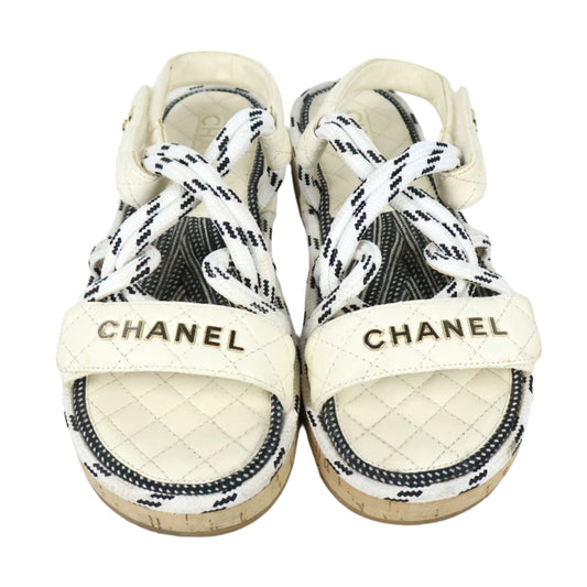 Chanel Cord Logo Sandals 39 White Black