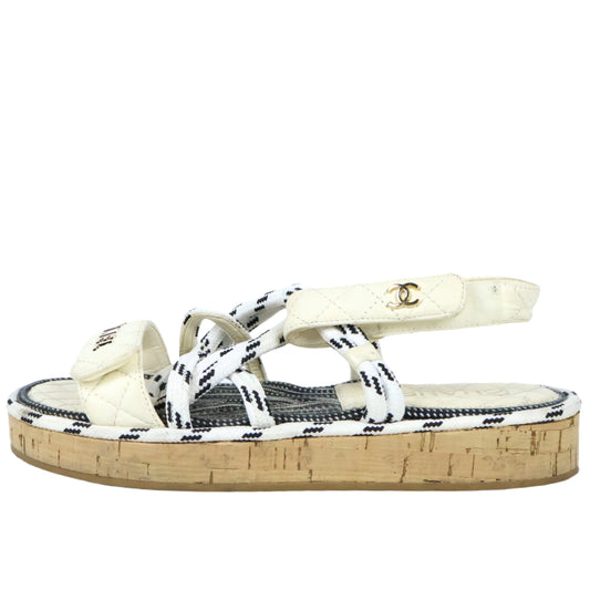 Chanel Cord Logo Sandals 39 White Black