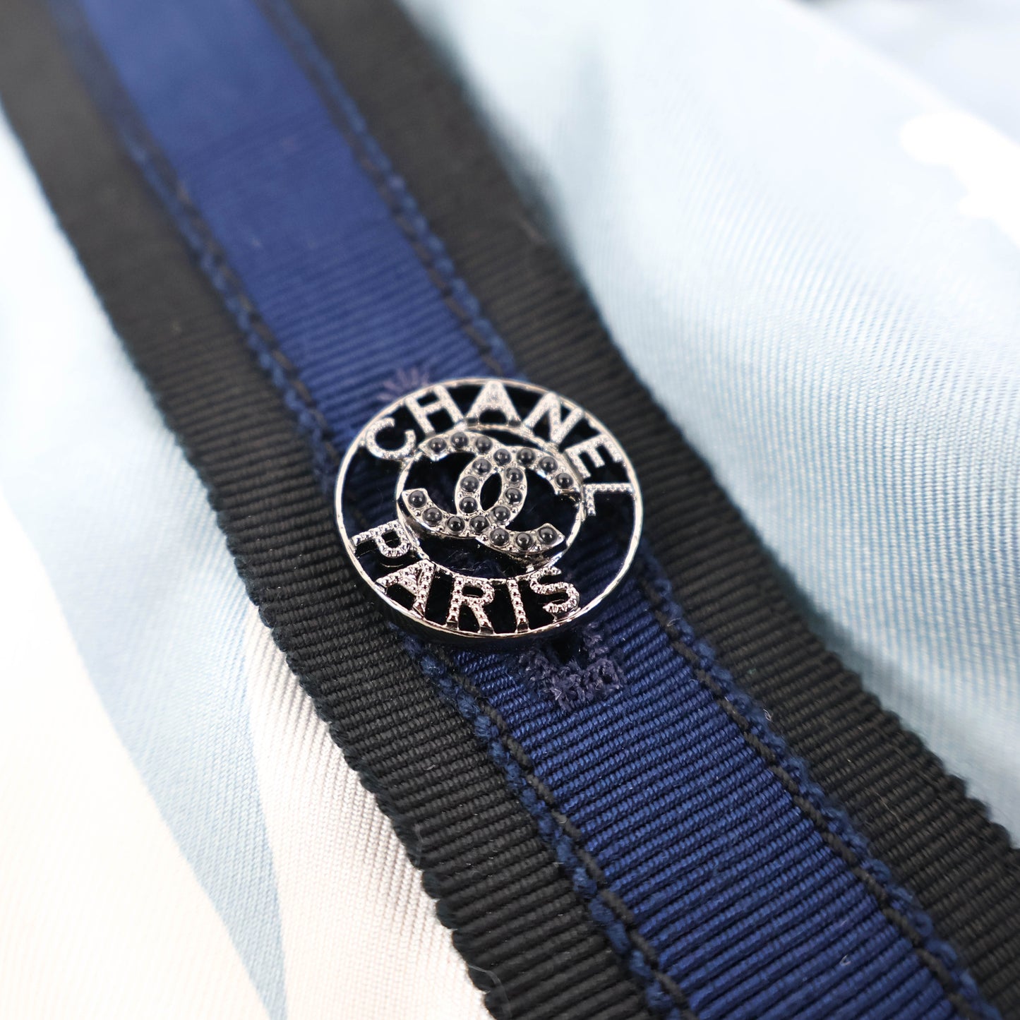 Chanel Cardigan Silk Navy Blue White