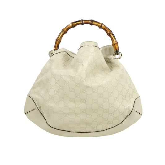 Gucci Leather Bamboo Tote Handbag Beige
