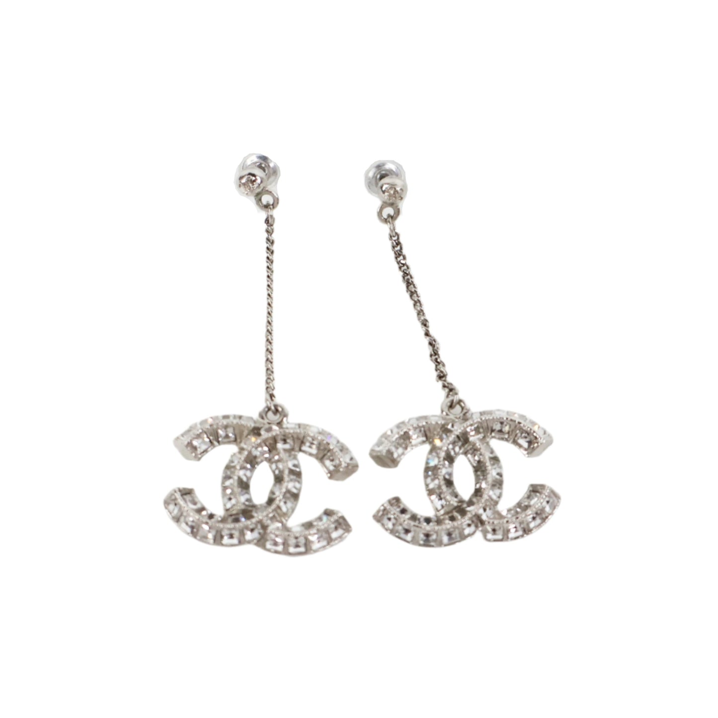 Chanel Earrings Drop CC Crystal Silver