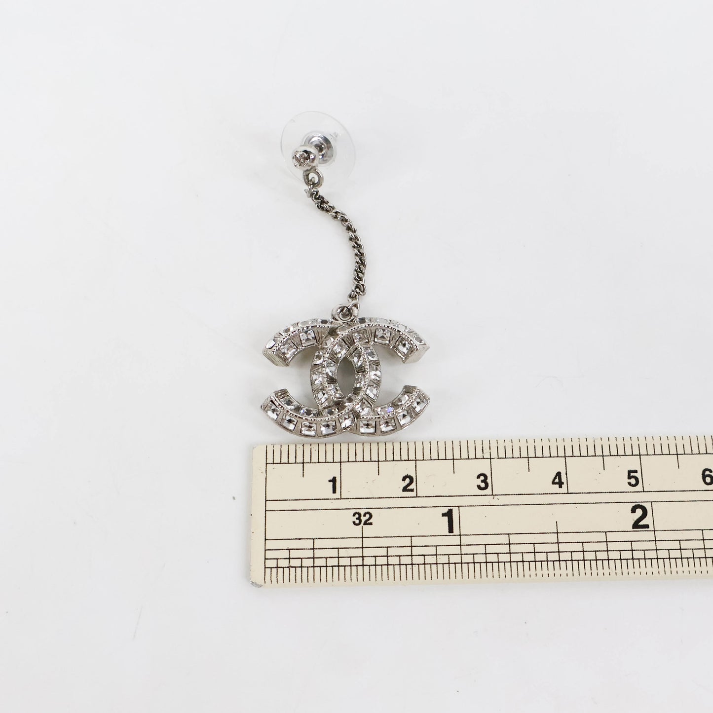 Chanel Earrings Drop CC Crystal Silver