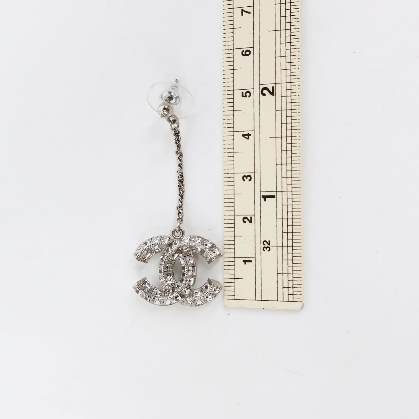Chanel Earrings Drop CC Crystal Silver