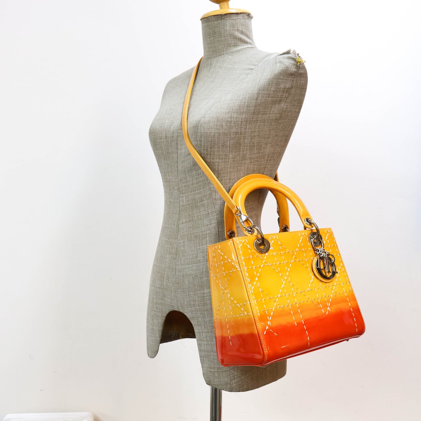 Christian Dior Lady Medium Patent Ombre Yellow Orange