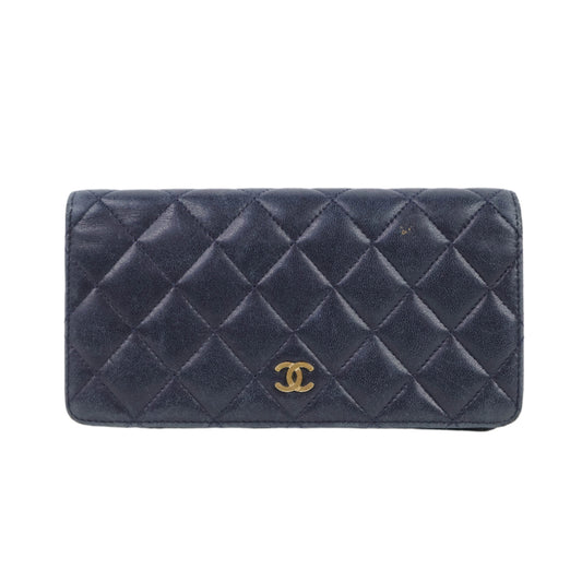 Chanel Bi Fold Long Wallet Lamb Navy GHW