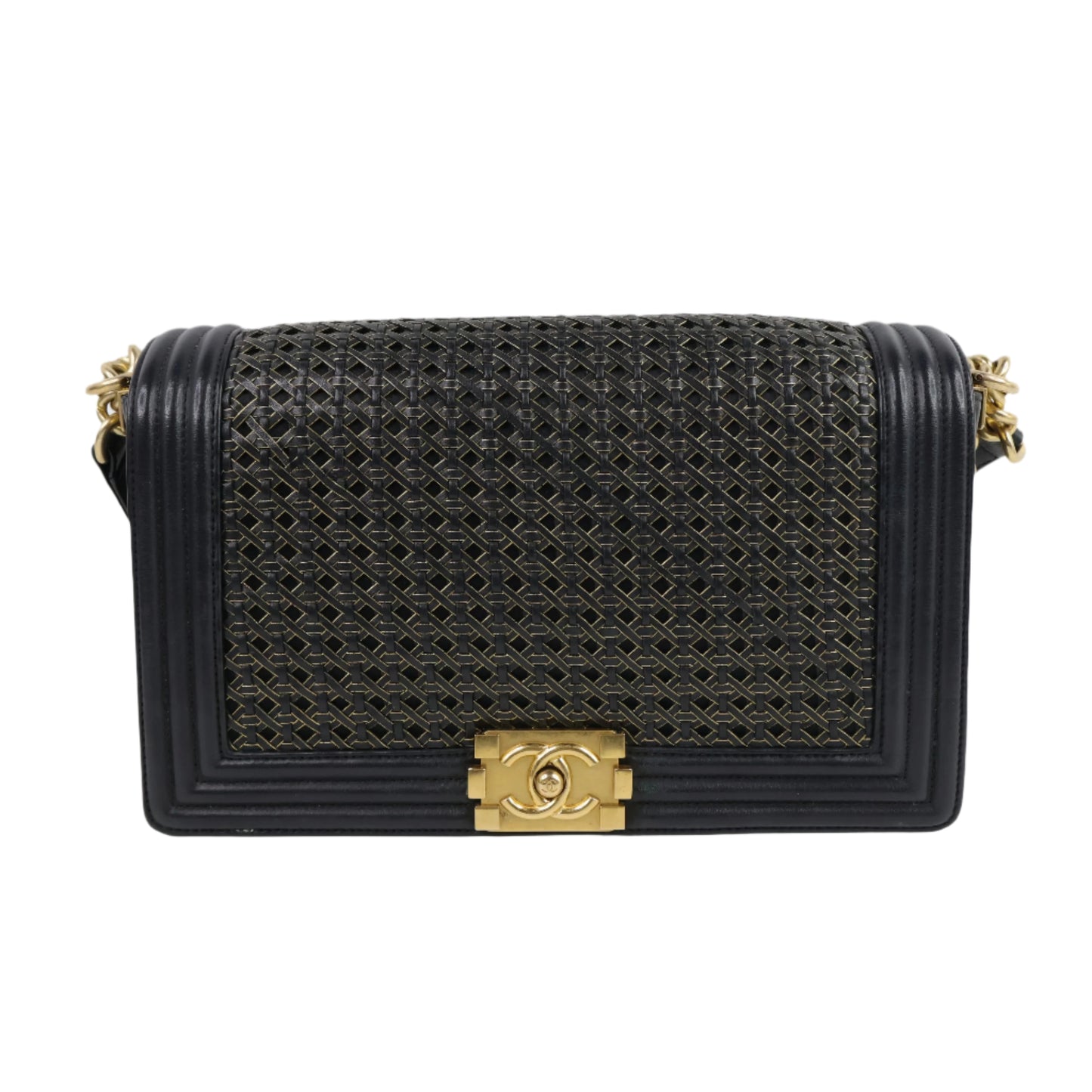 Chanel Boy 11" Woven Leather Black Gold