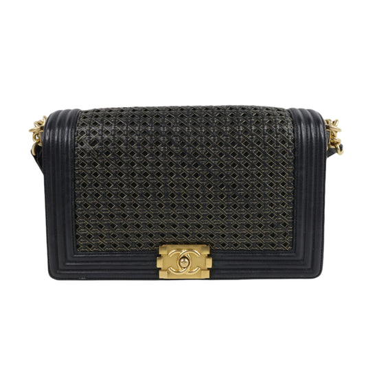 Chanel Boy 11" Woven Leather Black Gold