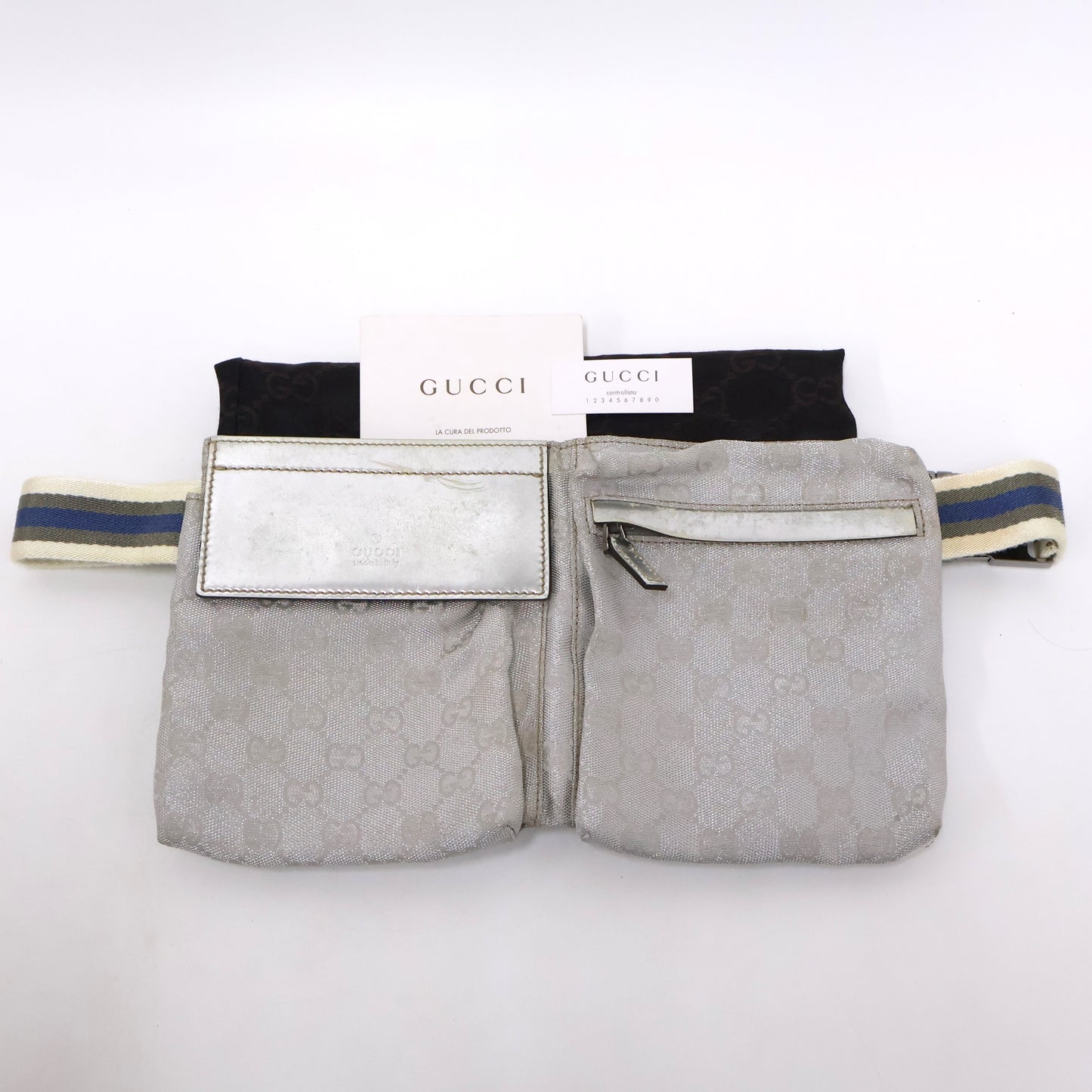 Gucci Belt Bag Two Pocket Canvas Silver