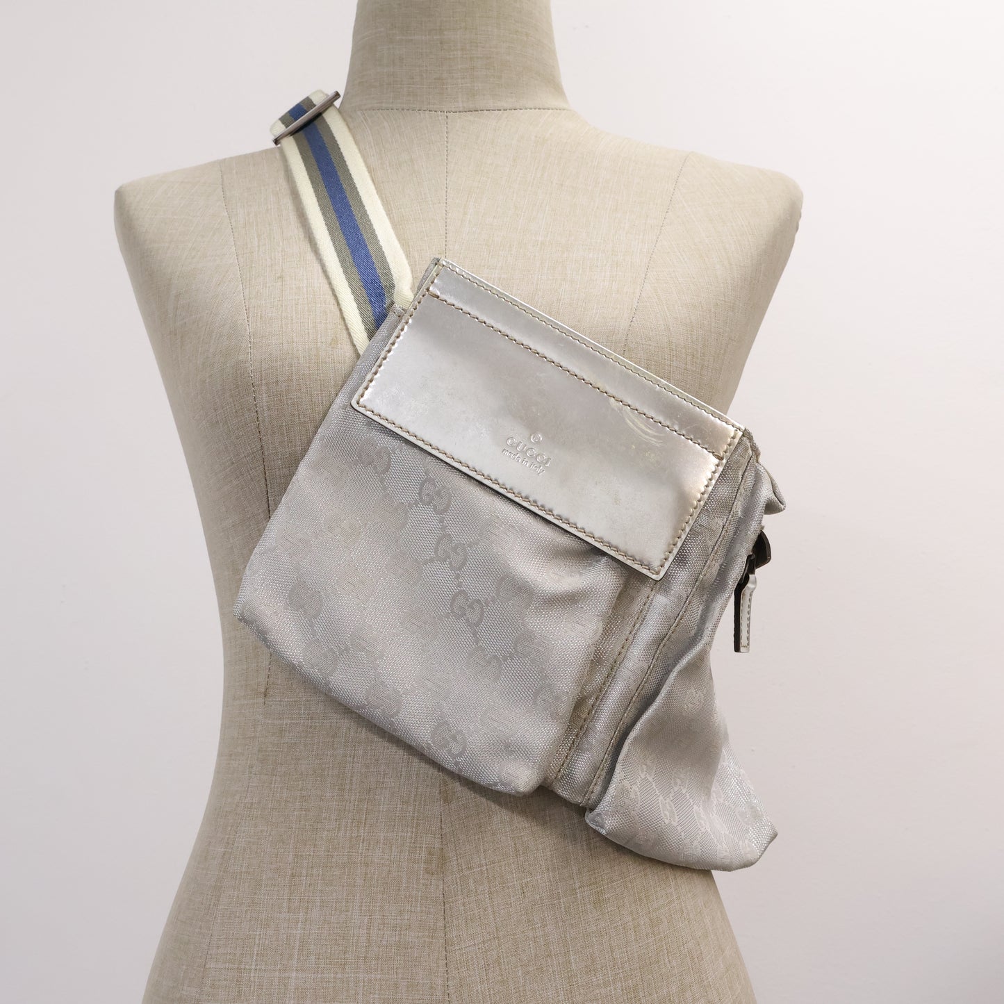 Gucci Belt Bag Two Pocket Canvas Silver